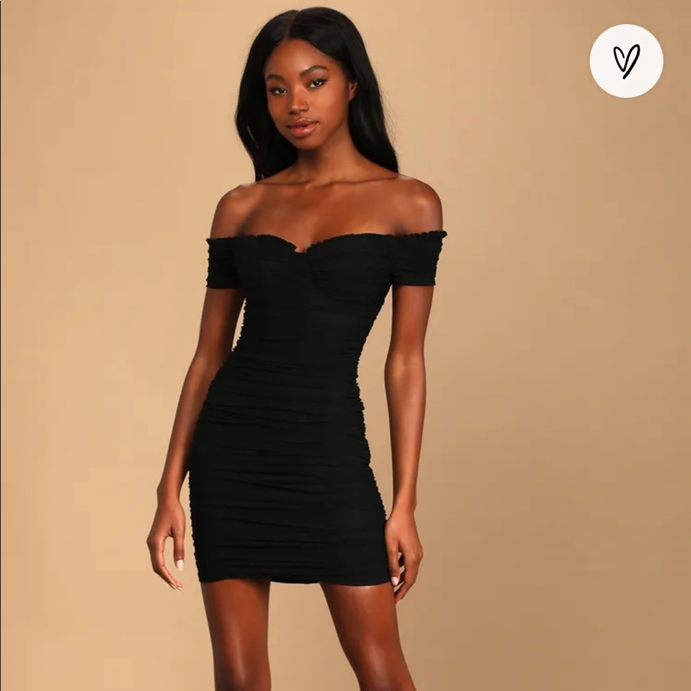 LULUS WOW POWER BLACK RUCHED OFF SHOULDER DRESS